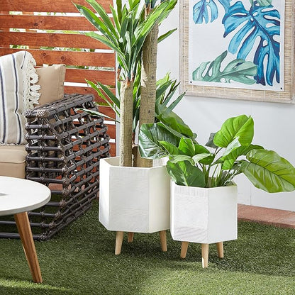 Deco 79 Magnesium Oxide Indoor Outdoor Planter Large Planter Pot with Wood Legs, Set of 2 Planters 15", 17"H, White