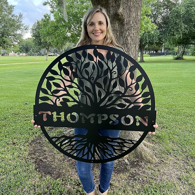 RealSteel Personalized Metal Wall Art - Custom Tree of Life Design with Family Name - Circular Metal Sign - Personalized Wedding, Anniversary, or Housewarming Gift (18")