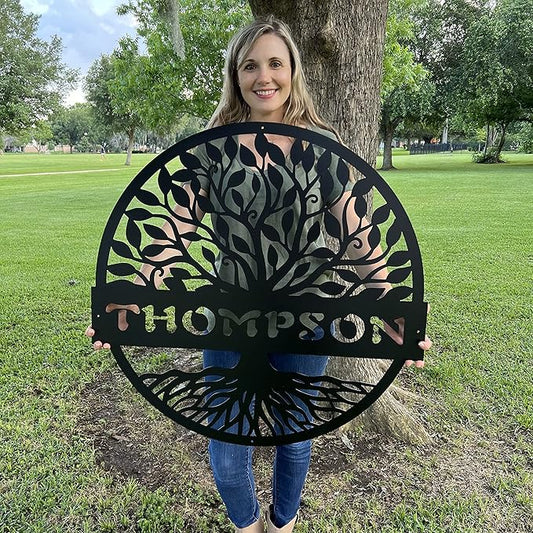 RealSteel Personalized Metal Wall Art - Custom Tree of Life Design with Family Name - Circular Metal Sign - Personalized Wedding, Anniversary, or Housewarming Gift (18")