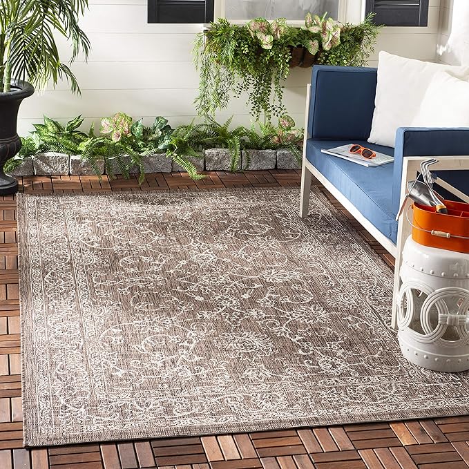 SAFAVIEH Washable Rug Outdoor Courtyard Collection - 2'7" x 5', Brown & Ivory, Non-Shedding & Easy Cleaning, Ideal for Patio, Backyard, Mudroom (CY8680-36321)