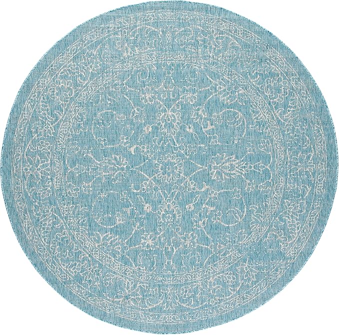 SAFAVIEH Washable Rug Outdoor Courtyard Collection - 5'3" Round, Aqua Blue & Grey, Non-Shedding & Easy Cleaning, Ideal for Patio, Backyard, Mudroom (CY8680-37121)
