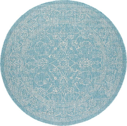 SAFAVIEH Washable Rug Outdoor Courtyard Collection - 5'3" Round, Aqua Blue & Grey, Non-Shedding & Easy Cleaning, Ideal for Patio, Backyard, Mudroom (CY8680-37121)