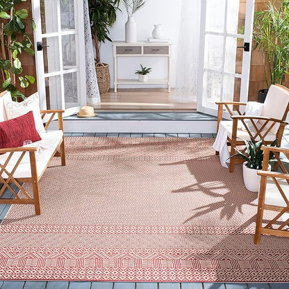 SAFAVIEH Washable Rug Outdoor Courtyard Collection - 6'7" Square, Beige & Red, Non-Shedding & Easy Cleaning, Ideal for Patio, Backyard, Mudroom (CY6235-23812)