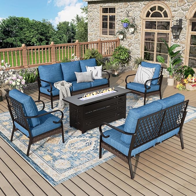 Patio Furniture Set with Firepit Table, Black Frame Outdoor Conversation Set with 2 x Fixed Chairs, 1 x 2-Seat Sofa, 1 x 3-Seat Sofa for Lawn Garden Backyard, Pacific Blue