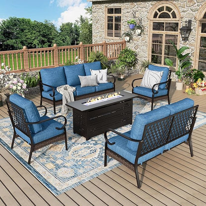 Patio Furniture Set with Firepit Table, Black Frame Outdoor Conversation Set with 2 x Fixed Chairs, 1 x 2-Seat Sofa, 1 x 3-Seat Sofa for Lawn Garden Backyard, Pacific Blue