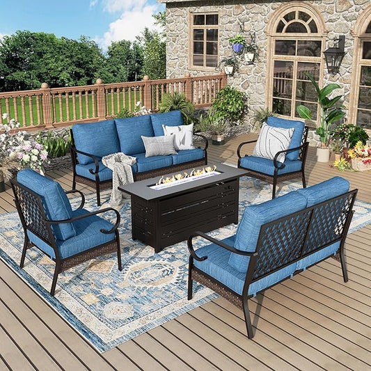 Patio Furniture Set with Firepit Table, Black Frame Outdoor Conversation Set with 2 x Fixed Chairs, 1 x 2-Seat Sofa, 1 x 3-Seat Sofa for Lawn Garden Backyard, Pacific Blue