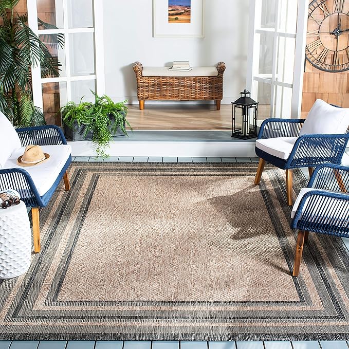 SAFAVIEH Washable Rug Outdoor Courtyard Collection - 9' Square, Natural & Black, Non-Shedding & Easy Cleaning, Ideal for Patio, Backyard, Mudroom (CY8475-37312)