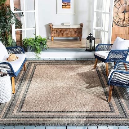 SAFAVIEH Washable Rug Outdoor Courtyard Collection - 9' Square, Natural & Black, Non-Shedding & Easy Cleaning, Ideal for Patio, Backyard, Mudroom (CY8475-37312)