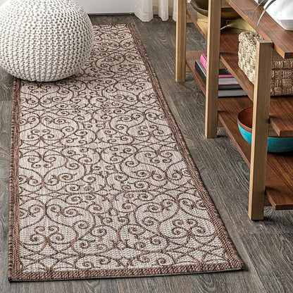 JONATHAN Y Vintage Filigree Indoor Outdoor Runner Rug 2X8 Taupe/Espresso, Madrid Textured Weave for Backyard, Patio, Porch, Easy-Cleaning, High Traffic, Pet-Friendly, Non-Shedding (SMB107C-28)