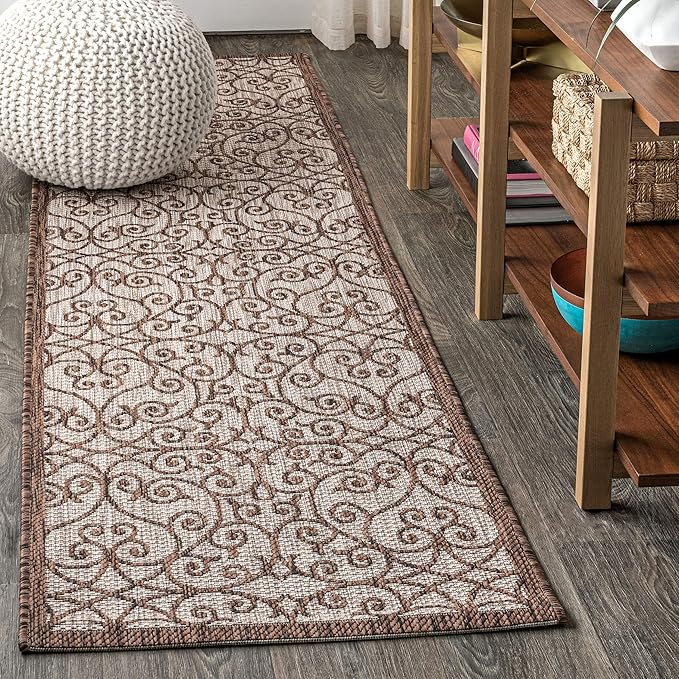JONATHAN Y Vintage Filigree Indoor Outdoor Runner Rug 2X10 Taupe/Espresso, Madrid Textured Weave for Backyard, Patio, Porch, Easy-Cleaning, High Traffic, Pet-Friendly, Non-Shedding (SMB107C-210)