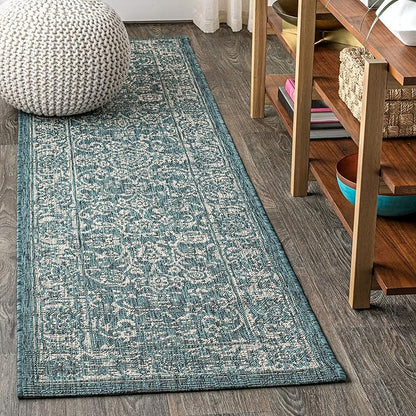 JONATHAN Y Weave Floral Indoor Outdoor Runner Rug 2X10 Teal/Gray, Tela Bohemian Textured for Backyard, Patio, Porch, Easy-Cleaning, High Traffic, Pet-Friendly, Non-Shedding (SMB100C-210)