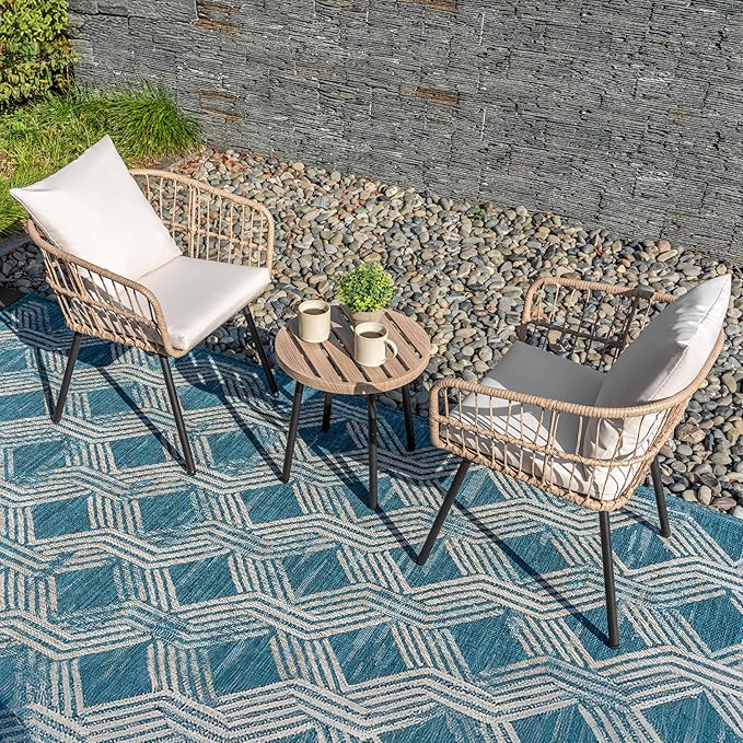 NUU GARDEN 3-Piece Outdoor Bistro Set, PE Wicker Chairs with Cushions and Slatted Metal Side Table, Patio Furniture Conversation Set for Porch, Backyard, Lawn, Poolside, Deck, Beige