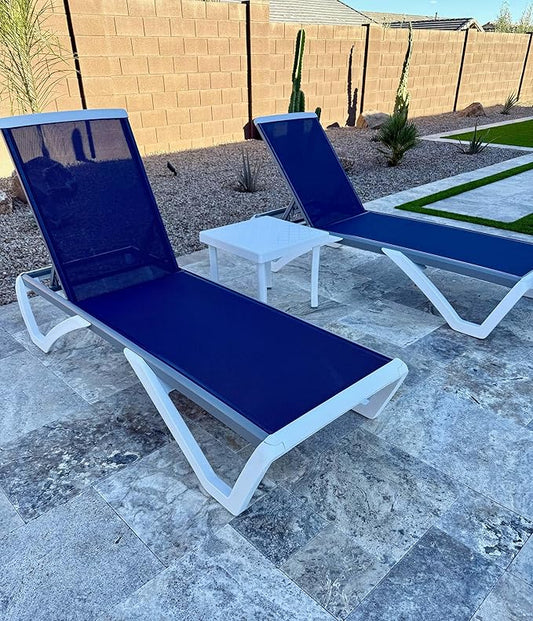 PURPLE LEAF Patio Chaise Lounge Chair Set of 3 Outside Aluminum Plastic Stackable Tanning Chairs for Pool Sunbathing Beach Deck Outdoor Lounger, Dark Blue