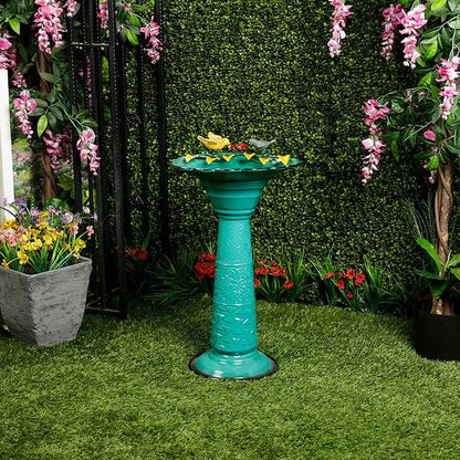 Alpine Corporation ORS112GN Vintage Metal Pedestal Birdbath with Stand, Shallow Bird Bath Bowl for Outside, 28" H, Green