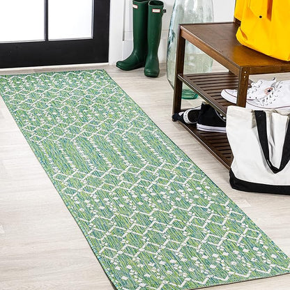 JONATHAN Y Moroccan Geometric Indoor Outdoor Runner Rug 2X10 Green/Cream, Ourika Textured Weave for Backyard, Patio, Porch, Easy-Cleaning, High Traffic, Pet-Friendly, Non-Shedding (SMB108L-210)