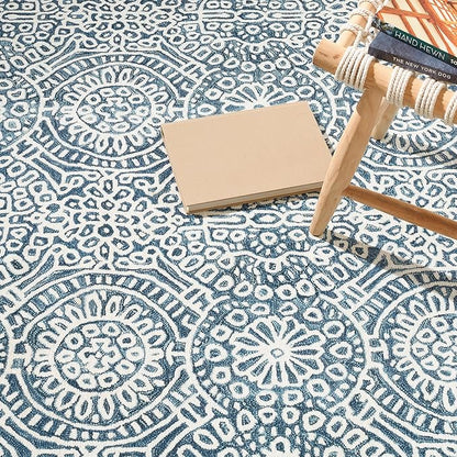 Dash & Albert Temple Ink Machine Washable Rug, 8.5 X 11.5 Feet, Blue Geometric Pattern