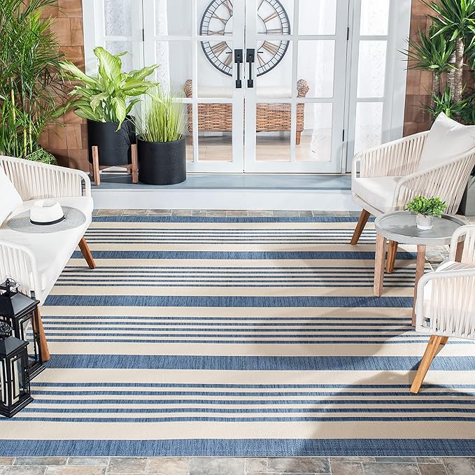 SAFAVIEH Washable Rug Outdoor Courtyard Collection - 2'7" x 5', Beige & Blue, Non-Shedding & Easy Cleaning, Ideal for Patio, Backyard, Mudroom (CY6062-233)