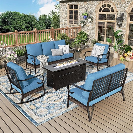 Patio Furniture Set with Firepit Table, Black Frame Outdoor Conversation Set with 2 x Rocking Chairs, 1 x 2-Seat Sofa, 1 x 3-Seat Sofa for Lawn Garden Backyard, Navy Blue