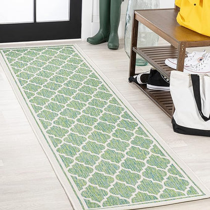 JONATHAN Y Moroccan Trellis Indoor Outdoor Runner Rug 2X8 Cream/Green, Trebol Textured Weave for Backyard, Patio, Porch, Easy-Cleaning, High Traffic, Pet-Friendly, Non-Shedding (SMB109I-28)