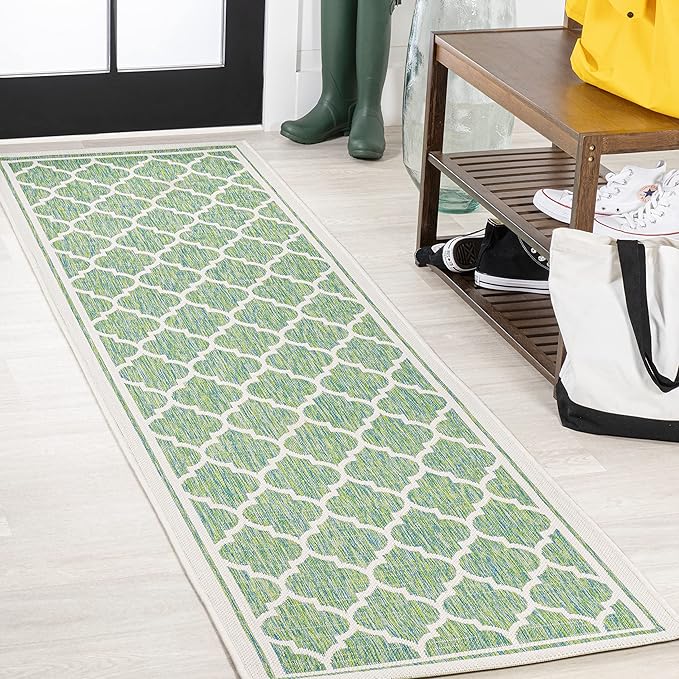JONATHAN Y Moroccan Trellis Indoor Outdoor Runner Rug 2X10 Cream/Green, Trebol Textured Weave for Backyard, Patio, Porch, Easy-Cleaning, High Traffic, Pet-Friendly, Non-Shedding (SMB109I-210)