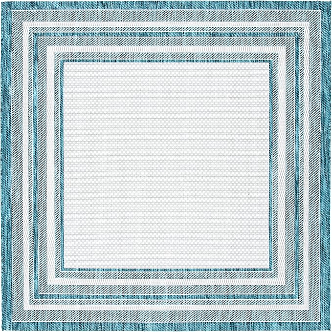 SAFAVIEH Washable Rug Outdoor Courtyard Collection - 10' Square, Ivory & Teal, Non-Shedding & Easy Cleaning, Ideal for Patio, Backyard, Mudroom (CY8475-53512)