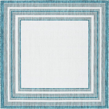 SAFAVIEH Washable Rug Outdoor Courtyard Collection - 10' Square, Ivory & Teal, Non-Shedding & Easy Cleaning, Ideal for Patio, Backyard, Mudroom (CY8475-53512)