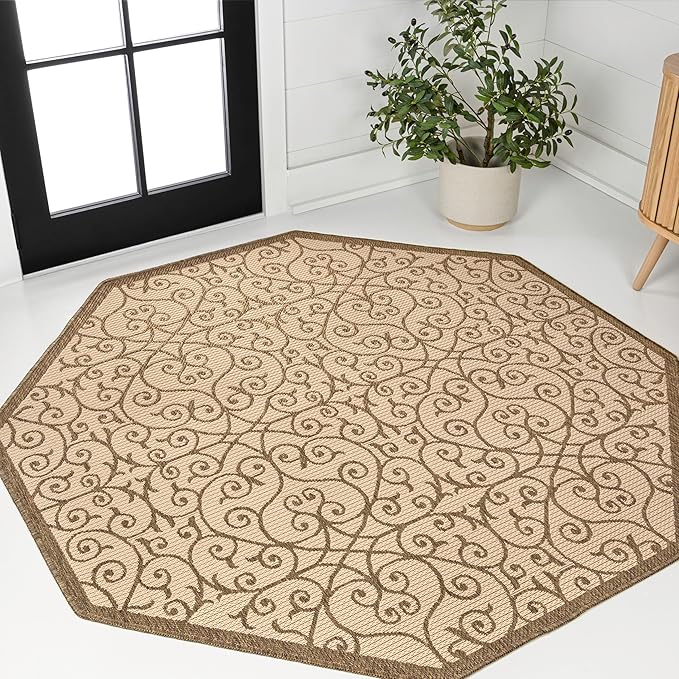 JONATHAN Y Vintage Filigree Indoor Outdoor Octagon Area Rug 8 Ft Beige/Brown, Madrid Textured Weave for Backyard, Patio, Porch, Easy-Cleaning, High Traffic, Pet-Friendly, Non-Shedding (SMB107B-8TGN)