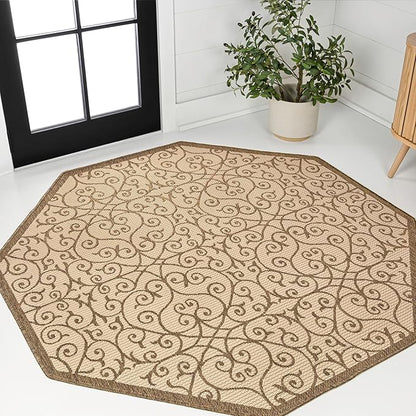 JONATHAN Y Vintage Filigree Indoor Outdoor Octagon Area Rug 8 Ft Beige/Brown, Madrid Textured Weave for Backyard, Patio, Porch, Easy-Cleaning, High Traffic, Pet-Friendly, Non-Shedding (SMB107B-8TGN)