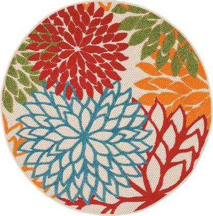 Nourison Aloha Indoor/Outdoor Green 4' x Round Area-Rug, Tropical, Botanical, Easy-Cleaning, Non Shedding, Bed Room, Living Room, Dining Room, Deck, Backyard, Patio (4 Round)