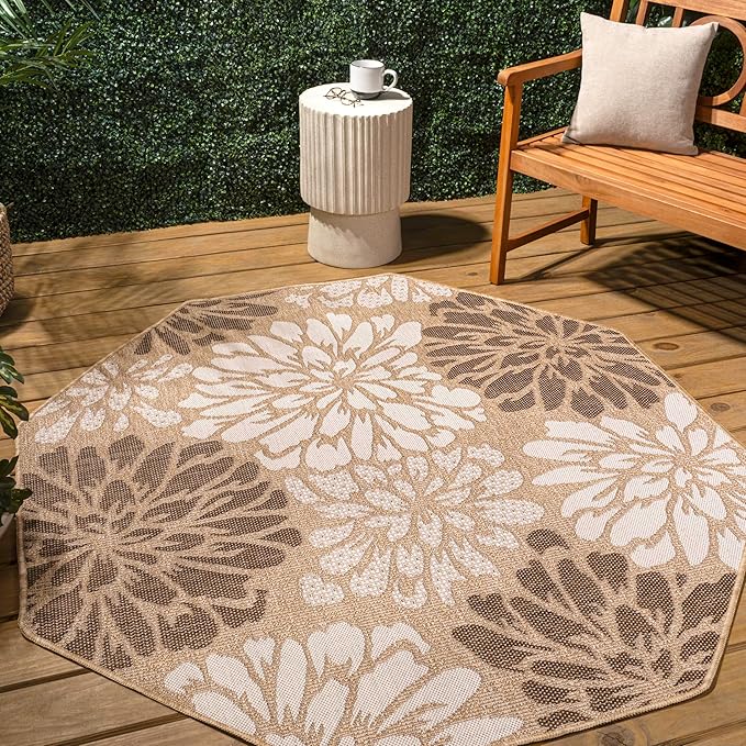 JONATHAN Y Floral Textured Weave Indoor Outdoor Octagon Area Rug 8 Ft Brown/Cream, Zinnia Modern for Backyard, Patio, Porch, Easy-Cleaning, High Traffic, Pet-Friendly, Non-Shedding (SMB110I-8TGN)