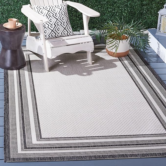 SAFAVIEH Washable Rug Outdoor Courtyard Collection - 5'3" Square, Ivory & Black, Non-Shedding & Easy Cleaning, Ideal for Patio, Backyard, Mudroom (CY8475-53712)