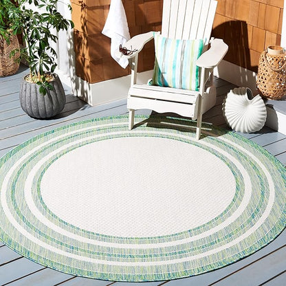 SAFAVIEH Washable Rug Outdoor Courtyard Collection - 5'3" Round, Ivory & Green, Non-Shedding & Easy Cleaning, Ideal for Patio, Backyard, Mudroom (CY8475-55712)