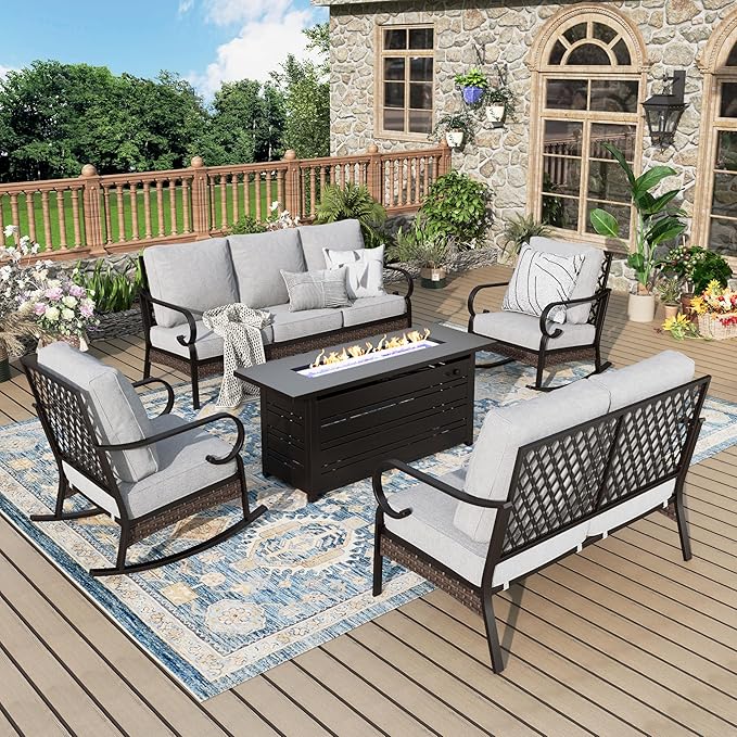 Patio Furniture Set with Firepit Table, Black Frame Outdoor Conversation Set with 2 x Rocking Chairs, 1 x 2-Seat Sofa, 1 x 3-Seat Sofa for Lawn Garden Backyard, Light Grey