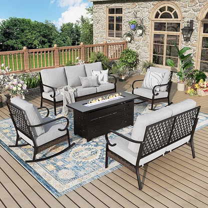 Patio Furniture Set with Firepit Table, Black Frame Outdoor Conversation Set with 2 x Rocking Chairs, 1 x 2-Seat Sofa, 1 x 3-Seat Sofa for Lawn Garden Backyard, Light Grey