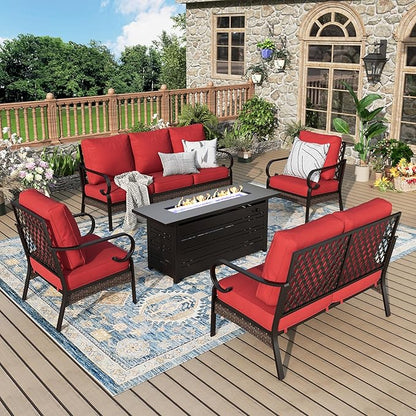 Patio Furniture Set with Firepit Table, Black Frame Outdoor Conversation Set with 2 x Fixed Chairs, 1 x 2-Seat Sofa, 1 x 3-Seat Sofa for Lawn Garden Backyard, Red
