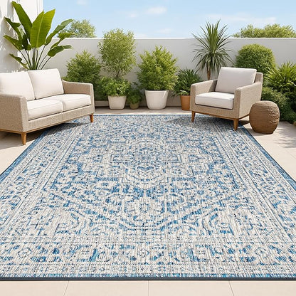 JONATHAN Y Medallion Weave Indoor Outdoor Area Rug 5X8 Navy/Gray, Sinjuri Textured for Backyard, Patio, Porch, Easy-Cleaning, High Traffic, Pet-Friendly, Non-Shedding (SMB101B-5)