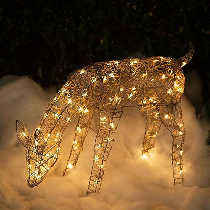 Alpine Corporation Grazing Rattan Reindeer Decoration with Warm White Lights, Christmas Decoration