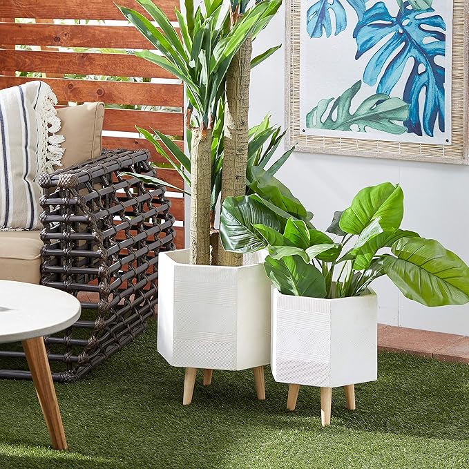 Deco 79 Magnesium Oxide Indoor Outdoor Planter Large Planter Pot with Wood Legs, Set of 2 Planters 15", 17"H, White