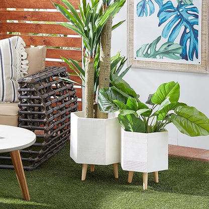 Deco 79 Magnesium Oxide Indoor Outdoor Planter Large Planter Pot with Wood Legs, Set of 2 Planters 15", 17"H, White