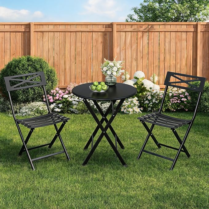 GarveeLife 3 Piece Patio Bistro Set, New Iron Outdoor Furniture Set, Metal Table and Chairs Set for Balcony, Garden or Porch, Black
