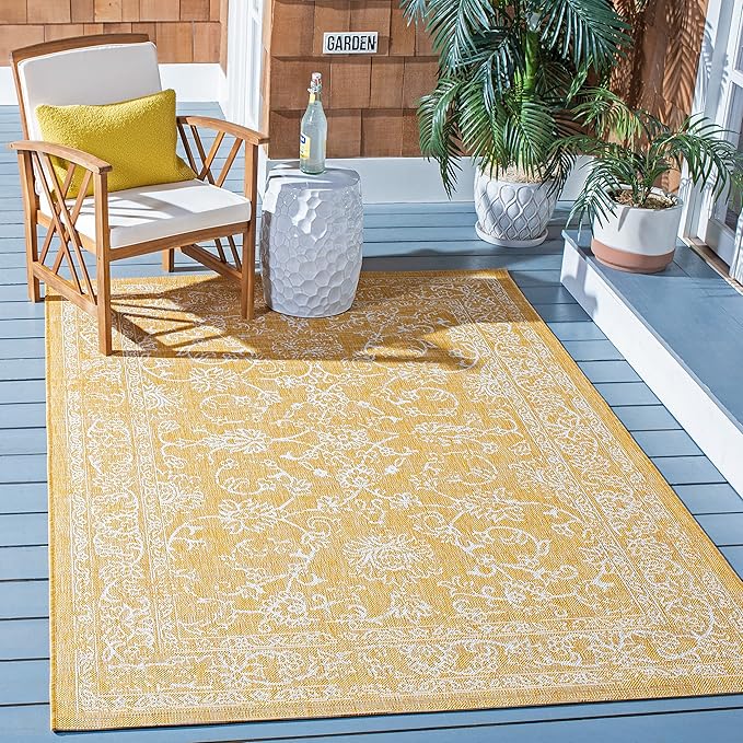SAFAVIEH Courtyard Collection 2'7" x 5' Gold/Ivory CY8680 Indoor/-Outdoor Waterproof Easy-Cleaning Patio Backyard Mudroom Area-Rug