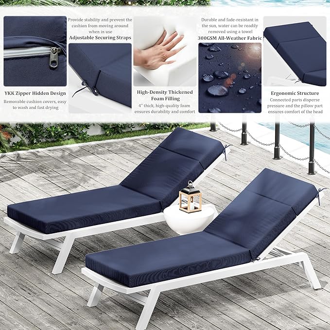 Chaise Lounge Cushion for Outdoor Furniture, Waterproof Fade and Tear Resistant Lounge Deck Chair Cushions for Patio Lawn Pool Resort Hotel