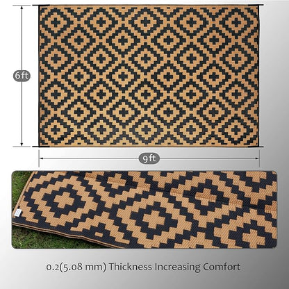 SAND MINE Reversible Mats, Plastic Straw Rug, Modern Area Rug, Large Floor Mat and Rug for Outdoors, RV, Patio, Backyard, Deck, Picnic, Beach, Trailer, Camping, Black & Brown, 6' x 9'