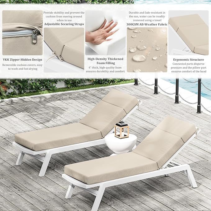 Chaise Lounge Cushion for Outdoor Furniture, Waterproof Fade and Tear Resistant Lounge Deck Chair Cushions for Patio Lawn Pool Resort Hotel