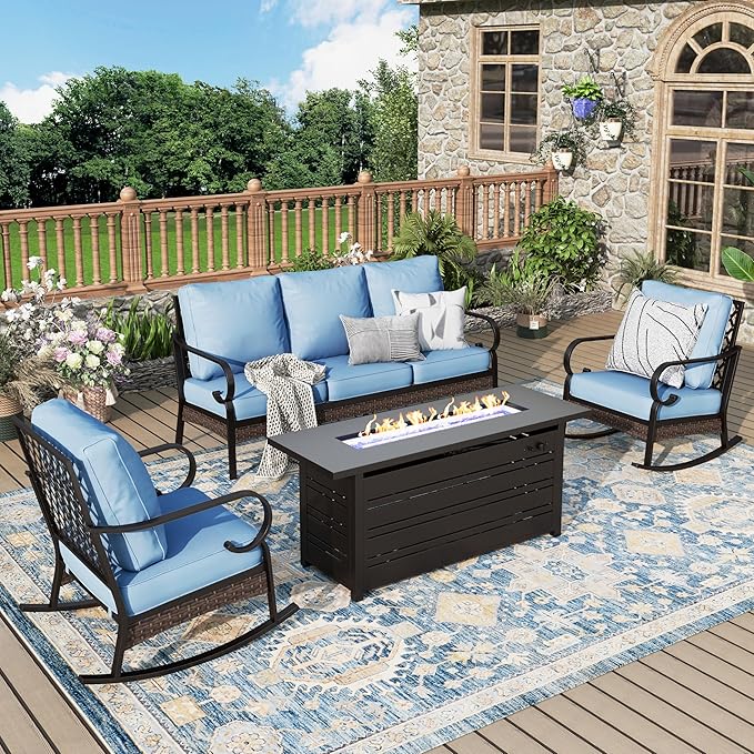 Patio Furniture Set with Firepit Table, Black Frame Outdoor Conversation Set with 2 x Rocking Chairs, 1 x 3-Seat Sofa for Lawn Garden Backyard, Blue