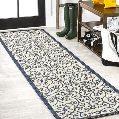 JONATHAN Y Vintage Filigree Indoor Outdoor Runner Rug 2X10 Navy/Beige, Madrid Textured Weave for Backyard, Patio, Porch, Easy-Cleaning, High Traffic, Pet-Friendly, Non-Shedding (SMB107G-210)