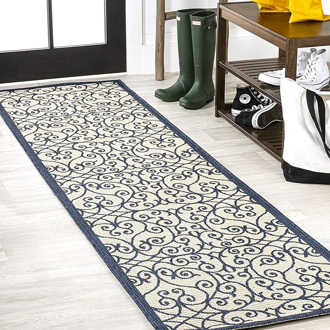 JONATHAN Y Vintage Filigree Indoor Outdoor Runner Rug 2X8 Navy/Beige, Madrid Textured Weave for Backyard, Patio, Porch, Easy-Cleaning, High Traffic, Pet-Friendly, Non-Shedding (SMB107G-28)