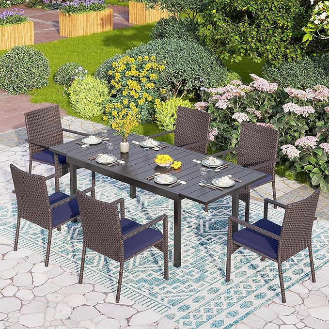 PHI VILLA 7 Piece Outdoor Expandable Dining Table Set for 6, Extendable Rectangular Metal Steel Table and Cushioned Rattan Chairs for Patio, Deck, Yard