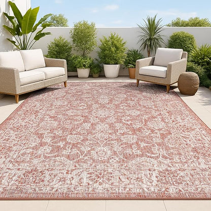 JONATHAN Y Weave Floral Indoor Outdoor Area Rug 5X8 Red/Taupe, Tela Bohemian Textured for Backyard, Patio, Porch, Easy-Cleaning, High Traffic, Pet-Friendly, Non-Shedding (SMB100A-5)