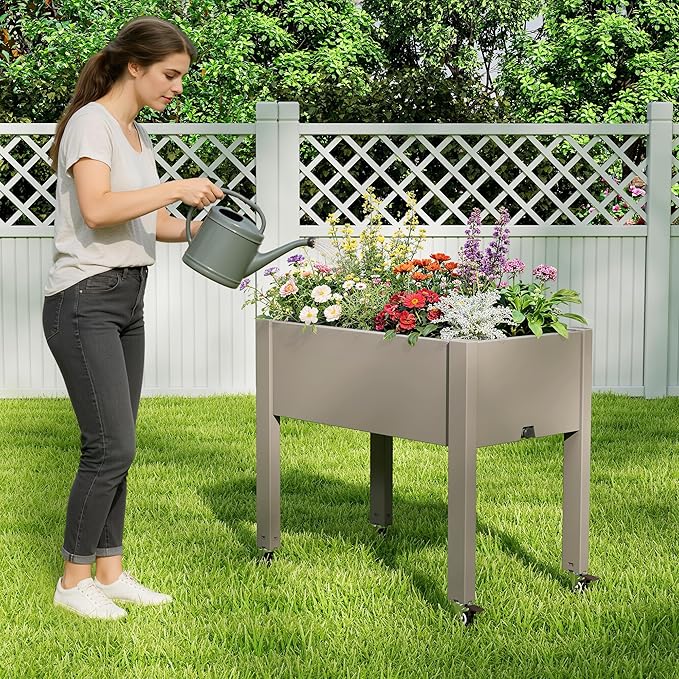 Elevated Raised Garden Bed with Wheels - Outdoor Mobile Resin Planter Box with Drainage Holes for Vegetables Flower Herbs, Weather Resistant (Gray)